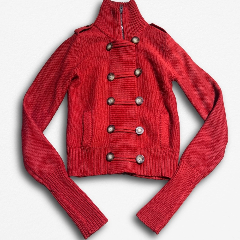 American Eagle Red Military Cardigan Sweater Y2K Double Breasted Zip Mock Neck S